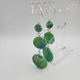 Tri-Circles Dangle Earrings - Green & Gold Flakes Iridescent Rainbows