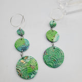 Tri-Circles Dangle Earrings - Green & Gold Flakes Iridescent Rainbows