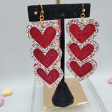 Triple Heart, Double Layer Earrings (3") - Red Glitter