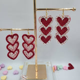 Triple Heart, Double Layer Earrings (3") - Red Glitter