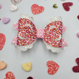 Zariah 3-D Heart Bow (4.5") - Valentine Cheetah on White Glitter