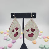 Heart Cutout Teardrop Double Layer Earrings - White Glitter on Fushia Patina