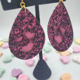 Heart Cutout Teardrop Double Layer Earrings - Maroon Glitter on Fushia Patina