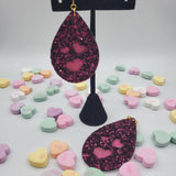Heart Cutout Teardrop Double Layer Earrings - Maroon Glitter on Fushia Patina