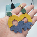 Geometric Earrings (3") - Design 1 - Green, Mustard Yellow, & Glitter Blue