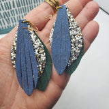 Fringed Eliza Earrings (3") - Glitter Blue, Silver/Gold Glitter, & Green