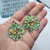 Triple Layer Shamrocks/Clovers Earrings (1.75") - Green & Gold Glitter