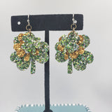 Triple Layer Shamrocks/Clovers Earrings (1.75") - Green & Gold Glitter