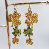 Chandalier Shamrocks/Clovers Earrings (3.25") - Green & Gold Glitter