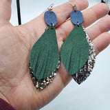 Fringed Eliza Earrings (3.5") - Glitter Blue ovals - Green Suede & Silver/Gold Glitter