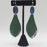 Fringed Eliza Earrings (3.5") - Glitter Blue ovals - Green Suede & Silver/Gold Glitter