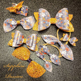 Halloween Bows - Pumpkins Ghosts & Spider Webs, Black with Orange Glitter - Sapphire-Passion