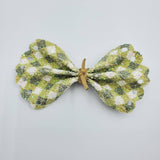 Eyelet Pinch Bow, 4.1" - Gingham Green Glitter with Suede Cord - Sapphire-Passion