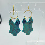 Swim Suit Dangle Earrings - Blue & Gold Botanical