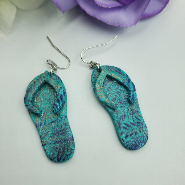 Flip-Flop Sandal Dangle Earrings - Blue & Gold Dangle 