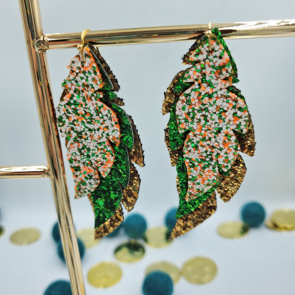 Triple Layered Feathered Earrings (3.6") - St. Patrick's Day Colors I - Sapphire-Passion