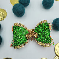 Diva Wrap Bow with Shamrock/ Clover (3.5" ) - Green & Gold Glitter - Sapphire-Passion