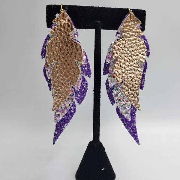Triple Layered Feathered Earrings (3.6") - Gold, Multi-Purple, Purple - Sapphire-Passion