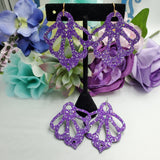 Intricate Damask Earrings (2.25") - Glittery Pink or Purple Glitter - Sapphire-Passion
