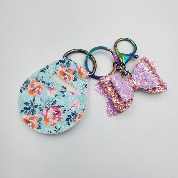 Quarter Keychain FOB w/ Diva Double Bow (2.5") - Flowers & Pink Glitter - Sapphire-Passion