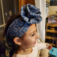 Turban Headband w/Bloom Flower (Kid) - Dark Blue Neutral Rainbows - Sapphire-Passion