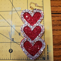 Triple Heart, Double Layer Earrings (3") - Red Glitter