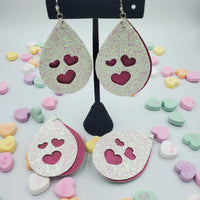 Heart Cutout Teardrop Double Layer Earrings - White Glitter on Fushia Patina