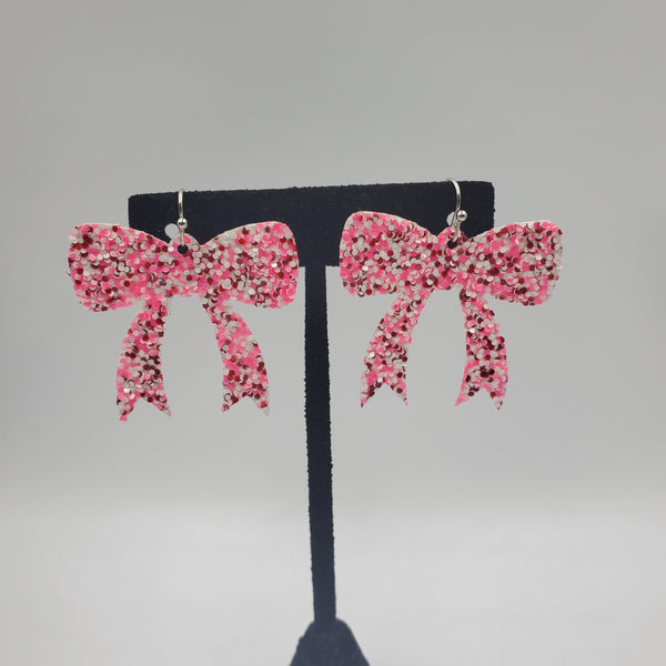 Bow Earrings (1.5") - Pink & Red Glitter
