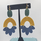 Geometric Earrings (3") - Design 1 - Green, Mustard Yellow, & Glitter Blue