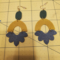 Geometric Earrings (3") - Design 1 - Green, Mustard Yellow, & Glitter Blue