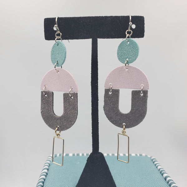 Geometric Earrings (4.5") - Design 2 - Topaz, Pink, Glitter Grey, & Charm