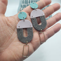 Geometric Earrings (4.5") - Design 2 - Topaz, Pink, Glitter Grey, & Charm