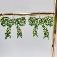 Bow Earrings (1.5") - Green Glitter