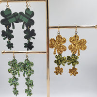 Chandalier Shamrocks/Clovers Earrings (3.25") - Green & Gold Glitter