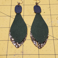 Fringed Eliza Earrings (3.5") - Glitter Blue ovals - Green Suede & Silver/Gold Glitter