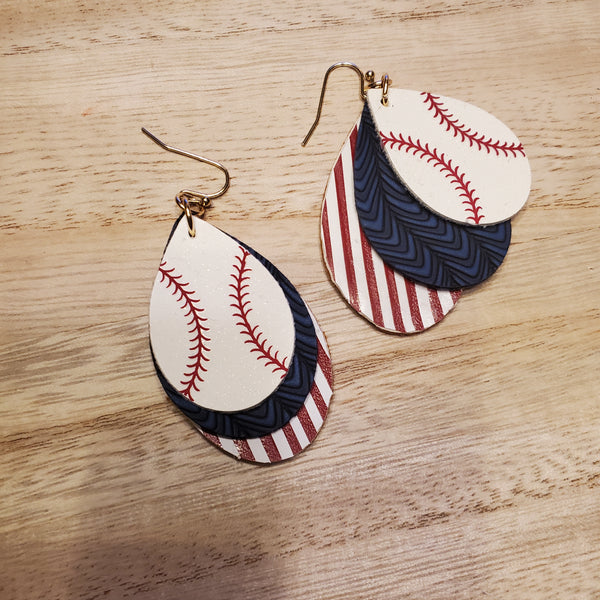 Triple Layer Teardrop Baseball Earrings - - blue waves