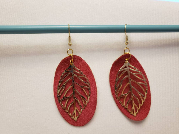 Oval Earrings with Gold Leaf - Red & Mustard Yellow - Sapphire-Passion
