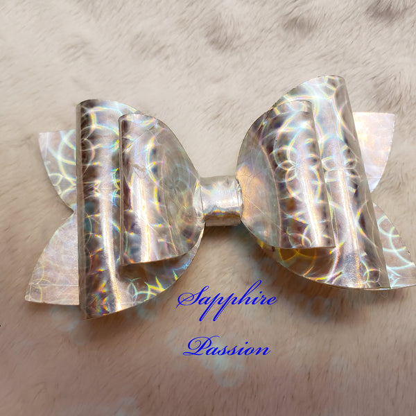 Diva Double Bow (3.5") - Silver Kaleidoscope Patent Vegan Faux Leather Holographic - Sapphire-Passion