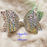 Diva Double Bow (3.5") - Silver Kaleidoscope Patent Vegan Faux Leather Holographic - Sapphire-Passion
