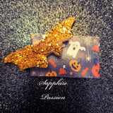 Halloween Bows - Pumpkins Ghosts & Spider Webs, Black with Orange Glitter - Sapphire-Passion