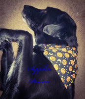 Halloween Dog Bandannas, - Orange Pumpkin, Yellow Moon, Black, Ombre Thread - Sapphire-Passion