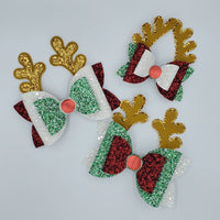 Christmas Antlers on Diva Double Bows (3.5" & 5") - Various, Red, Green, White, & Gold - Sapphire-Passion