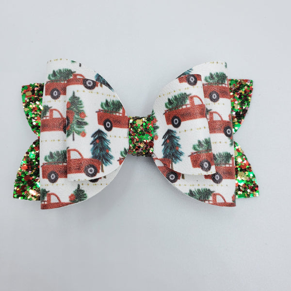 Diva Double Wrap Bow (3.5") - Red Truck & Green Christmas Trees - Sapphire-Passion