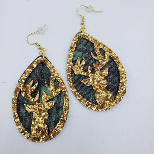 Buck Teardrop Earrings, Double Layer - Gold Glitter on Green & Black Plaid - Sapphire-Passion
