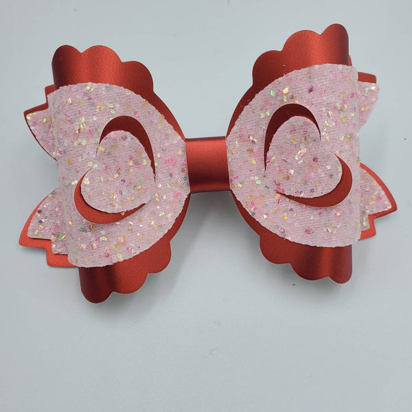 Zariah 3-D Heart Bow (4.5") - Pink Glitter & Mirror Red - Sapphire-Passion